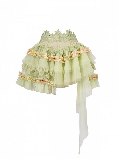 Green Fairycore Mori Layered Lace Skirt with Asymmetrical Hem - Virtual Orbit