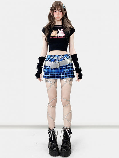 ブラックプリント文字とY2KバニーベアTシャツ