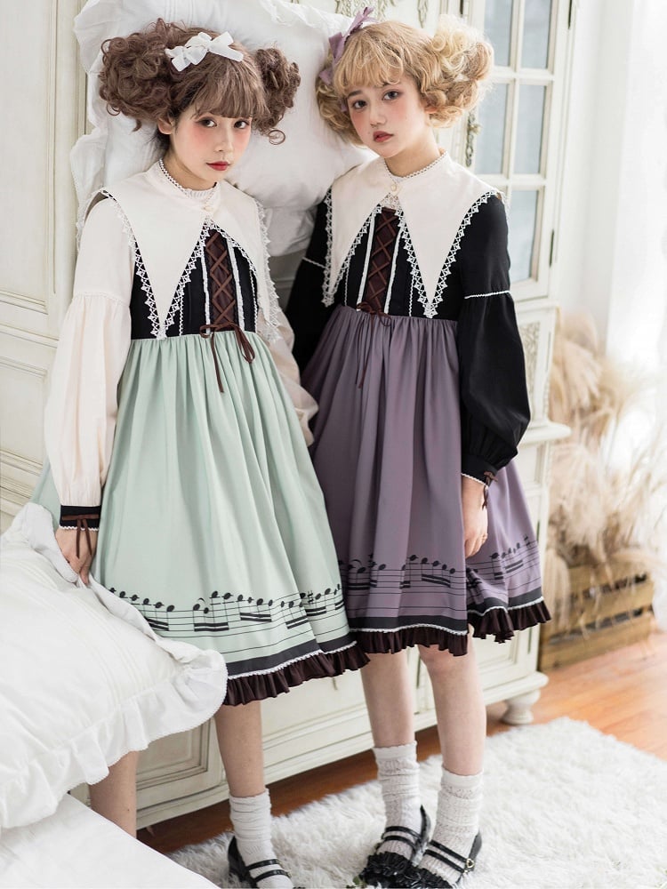Musical Note Green Autumn Lolita Long Sleeves Dress with Separate Pointed Collar