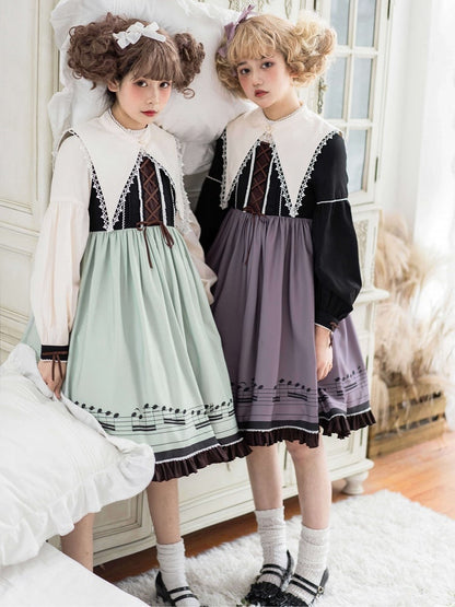 Musical Note Green Autumn Lolita Long Sleeves Dress with Separate Pointed Collar
