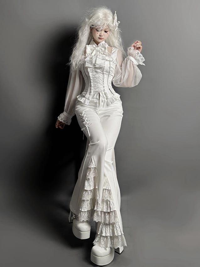 レースパッチフレアカフスパンツホワイトティアード