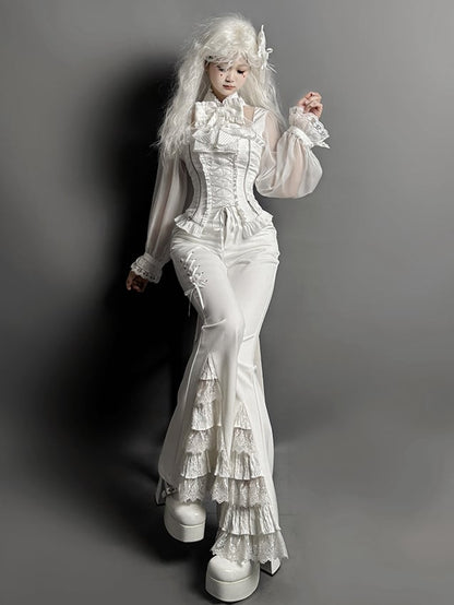 レースパッチフレアカフスパンツホワイトティアード