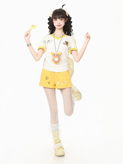 Kawaii Otaku Bear-Embroidered Yellow Shorts for Casual Wear - Languid Park