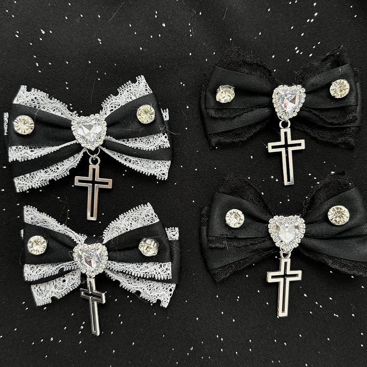 Jirai Kei Rhinestone Bow Hair Clips with Cross Charm