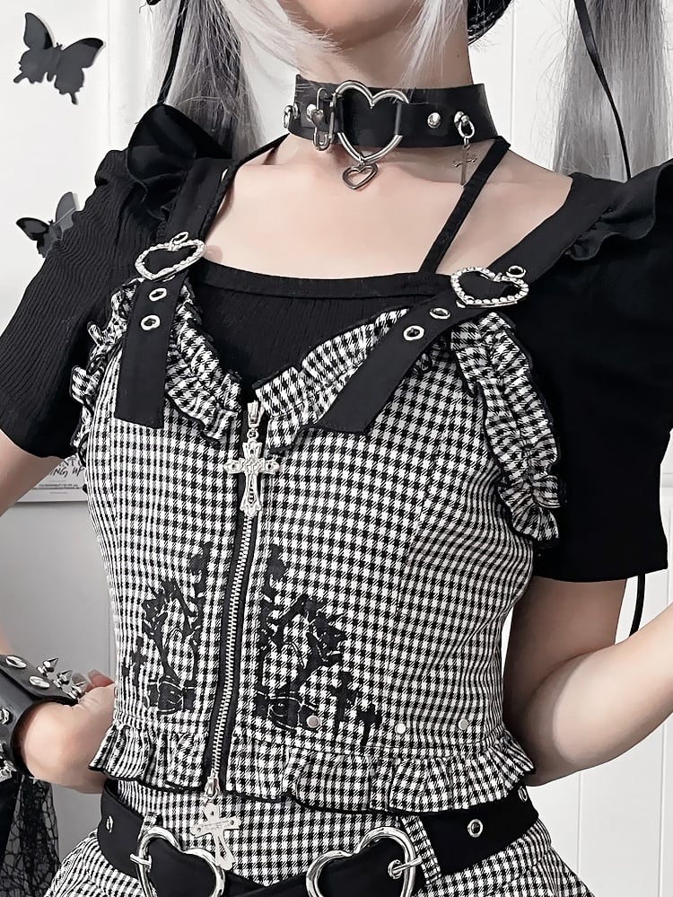 with Zipper Ruffled White Heart Vest Gothic Black Cross Houndstooth Straps Buckle