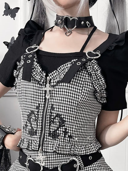 with Zipper Ruffled White Heart Vest Gothic Black Cross Houndstooth Straps Buckle