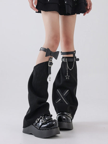 Black Denim Leg Warmers with Bow - Solost
