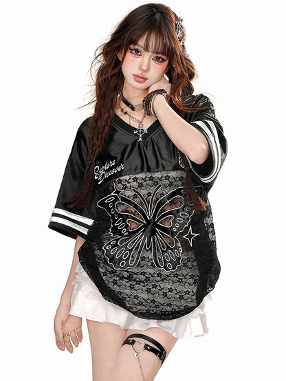 Rosa/Schwarzes sportliches T-Shirt mit Schmetterlingsapplikation und Spitze im Patchwork-Stil