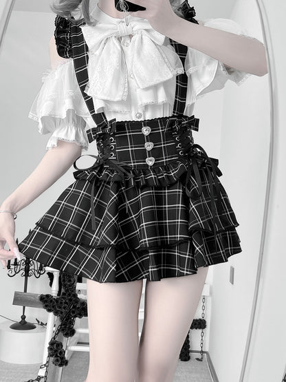Skirt:Black Kei Plaid Straps Suspender High-Waistwith Detachable Convertible Jirai
