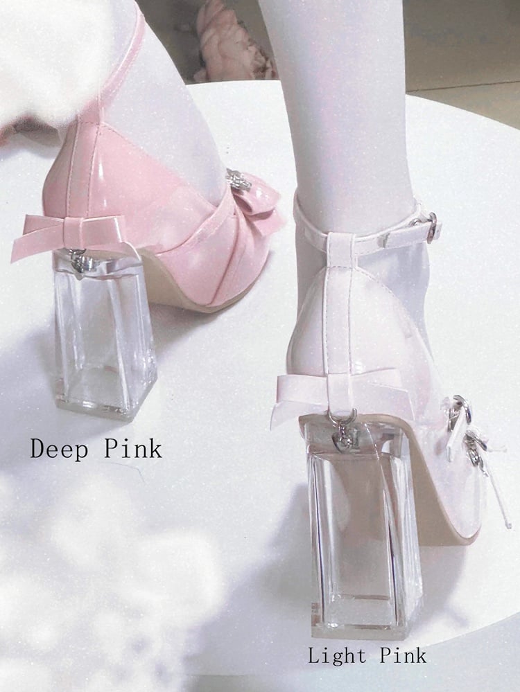 Rose Pink Leather Design with Light PU Block Heels Adorned Heart High Crisscross