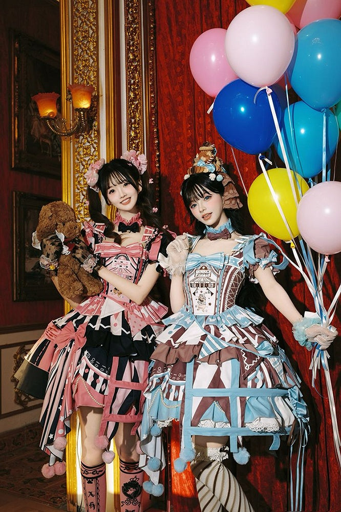 Brown Skirt Sleeves Detachable with Embroidery Dress Circus Lolita Jumper Bunny Blue Sweet Puff and