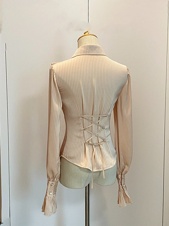 Beige Jabot Pointed Flat Collar Striped Fabric Long-Sleeve Shirt