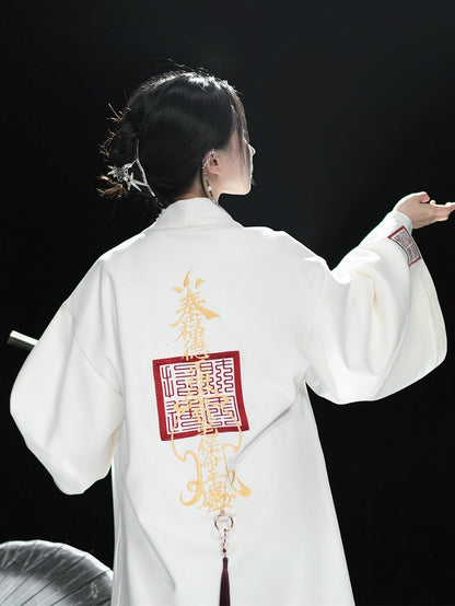 in Chain Chinese Unisex White Embroidery Coat Style Tassel Accents Removable