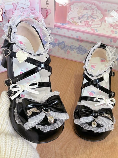 Janes Lolita Sweet Mary Design with - Accents Bow Black PU Mid-heel