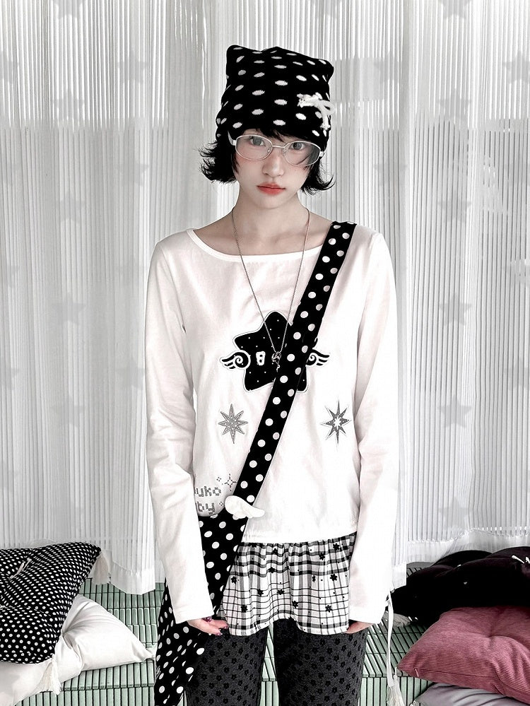 Design Long Daily with Star White Appliques Sleeve Top Kawaii Patchwork