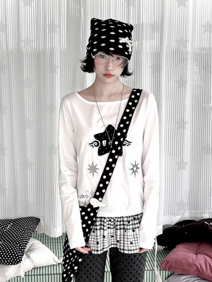 Design Long Daily with Star White Appliques Sleeve Top Kawaii Patchwork