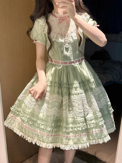 Short Green Puff Sleeve Lace Trim Elegant Lolita Dress - Pumpkin Planet