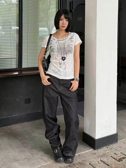 Distressed White Crew Neck Short Tee with Letter Print - DETW OnLine