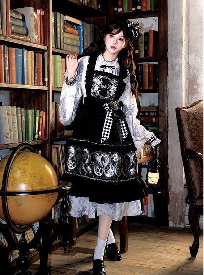 Black Elegant Print Ruffle Trim Apron Checkered Detail - Luo Xiu Dong Xiang