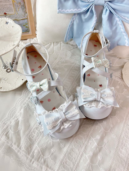 Blue Mid-heel Baby Lace Toe Sweet Round PU Lolita Janes in Mary -