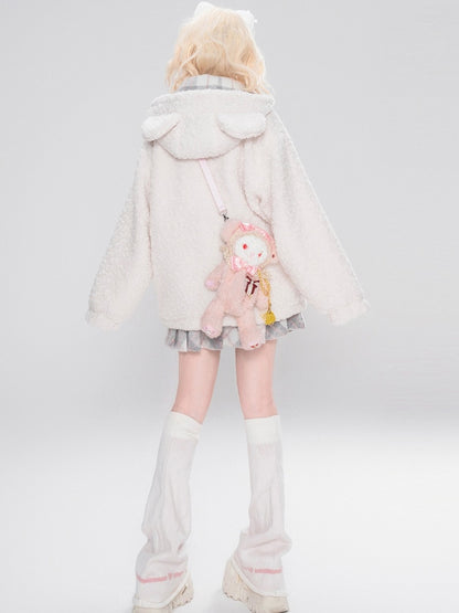 Milchweiß karierter Fleece-Kapuzenpullover mit Schleife und Bärenohren