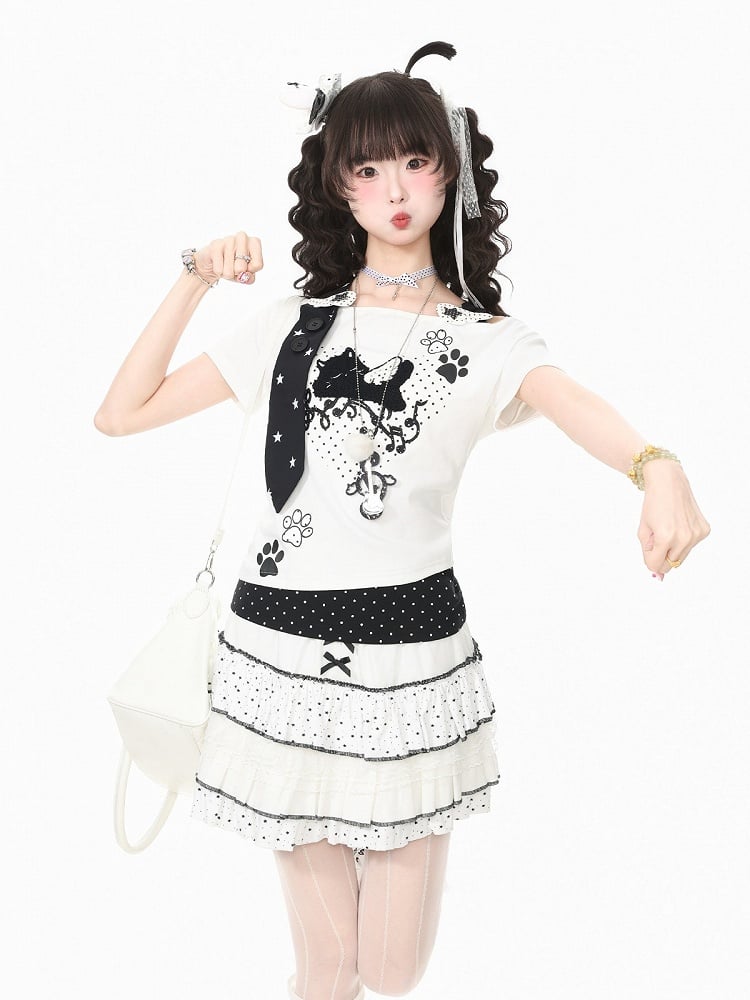 Halter Top with Kitten Embroidery & Polka Dots, White, Short Sleeve - Languid Park