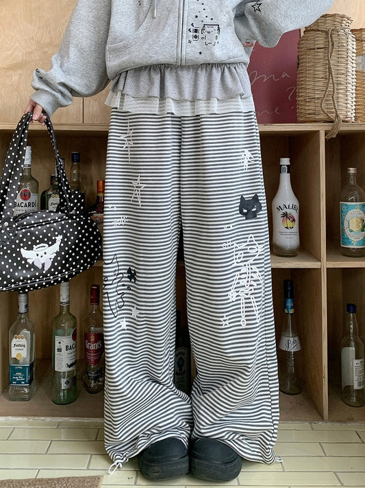 Striped Drawstring Wide Leg Pants with Star and Cat Print - Solkatt