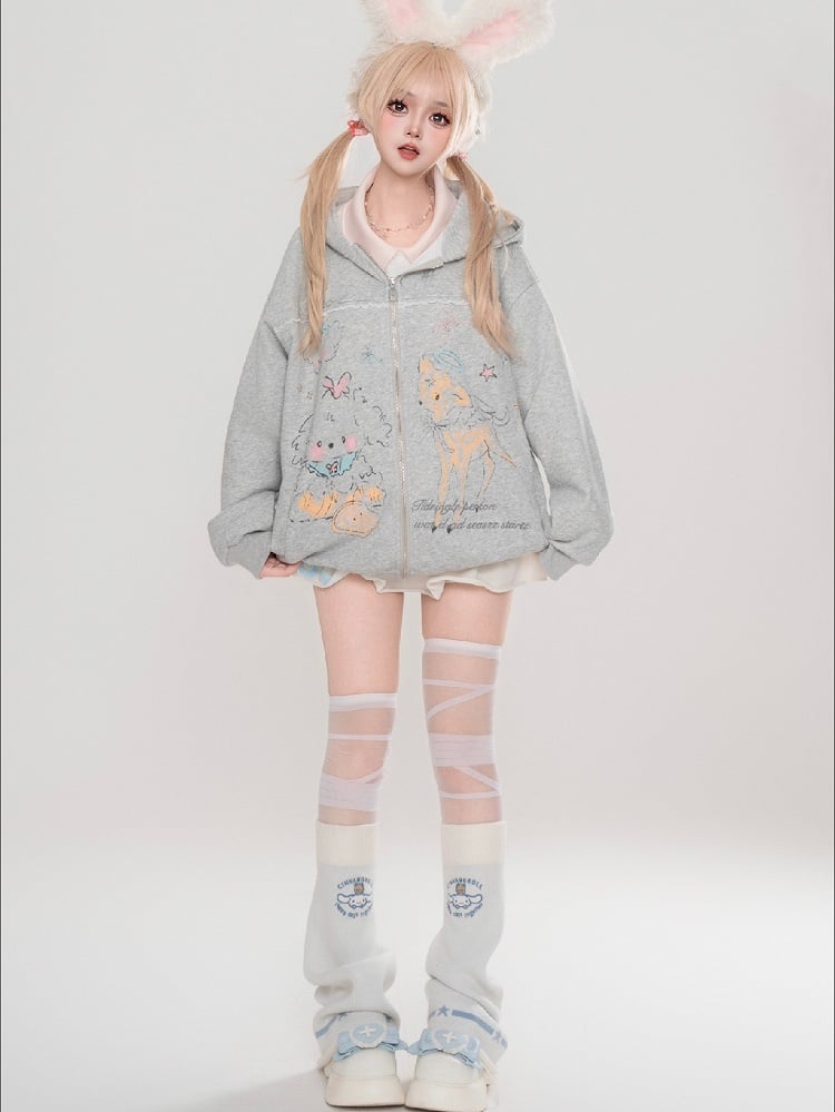 Grau/Weißer Frühlings-Kapuzenpullover mit Cartoon-Tiermuster