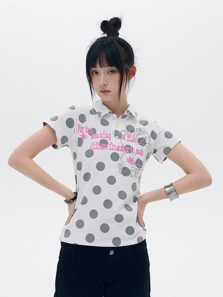White Gray Polka Dot Polo Shirt with Letter Print - innomoood