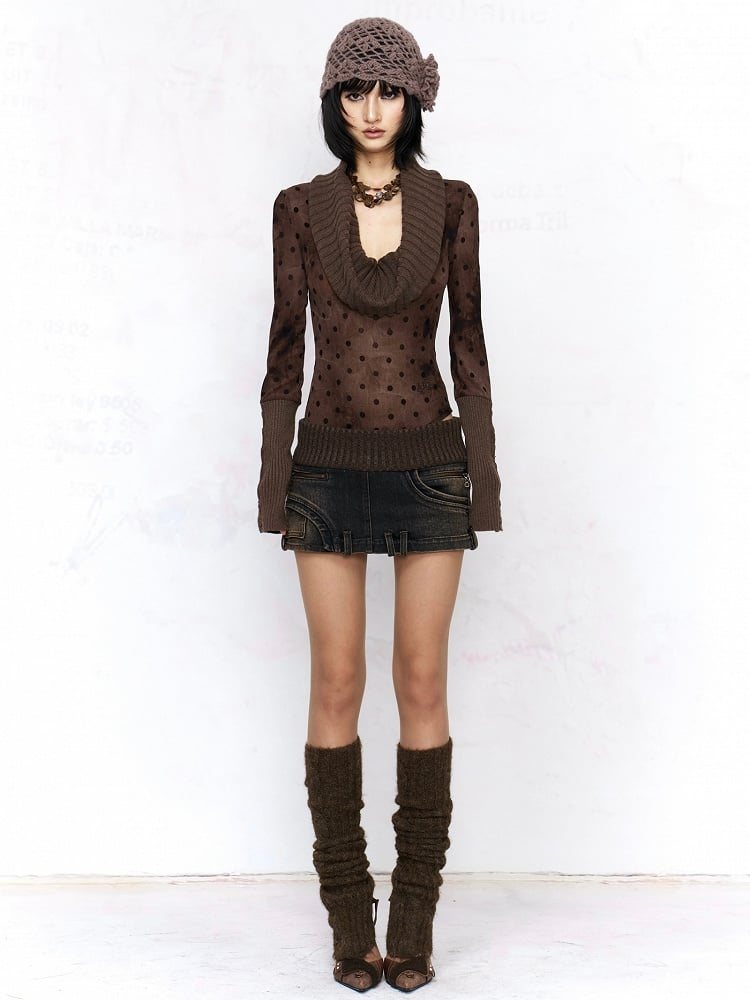 Built-in Elastic with Waist Detail Shorts Denim Zipper Low Brown Skirt Dark