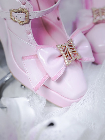 Pink Gothic Lolita Polished Shoes with Butterfly Bow & 10cm Slope Heel - sphenoid
