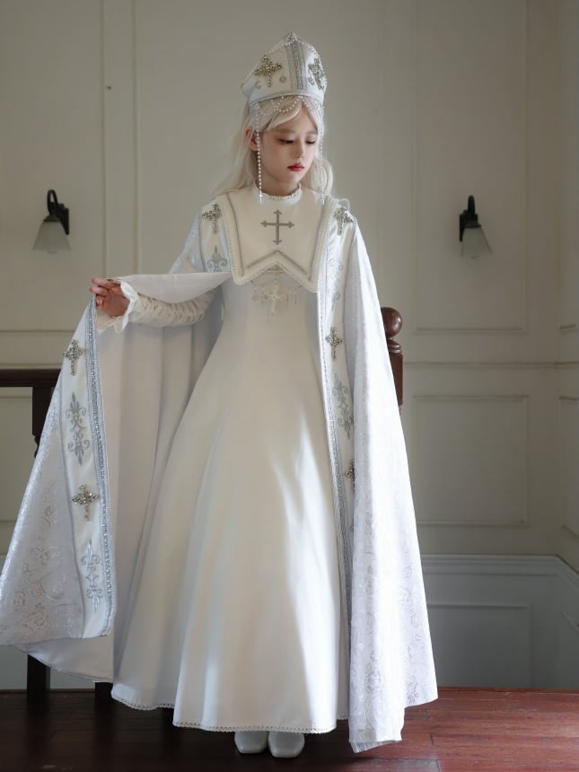 Embroidery Silver Cross Lolita Decorated Details Nun White and Cloak