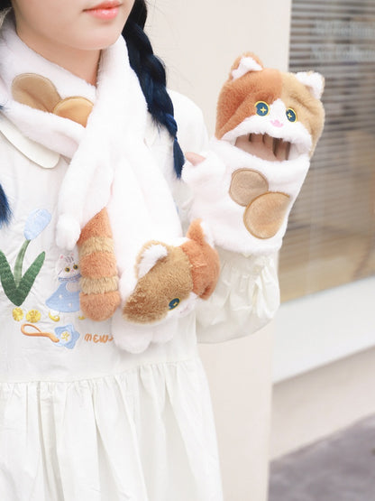 Süße Plüschhandschuhe in Katzenform, weiß und braun