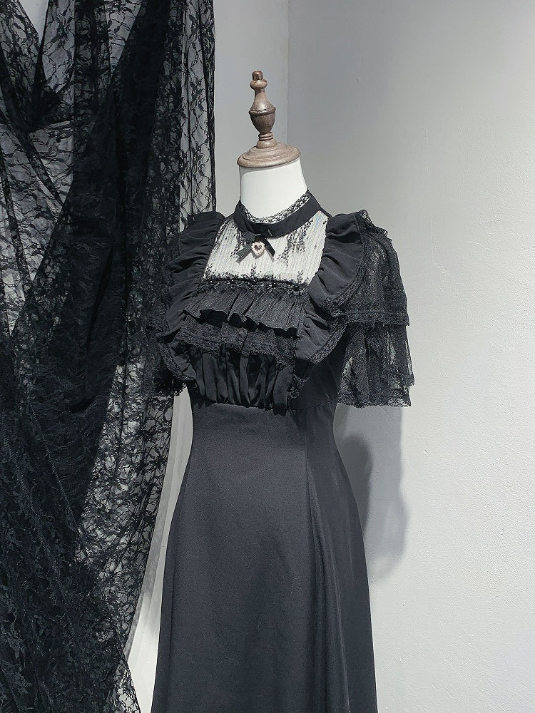 Jirai Kei Schwarz/Weiß Illusion Taille Ausschnitt Rüschen Hohe Spitze Kleid Trim