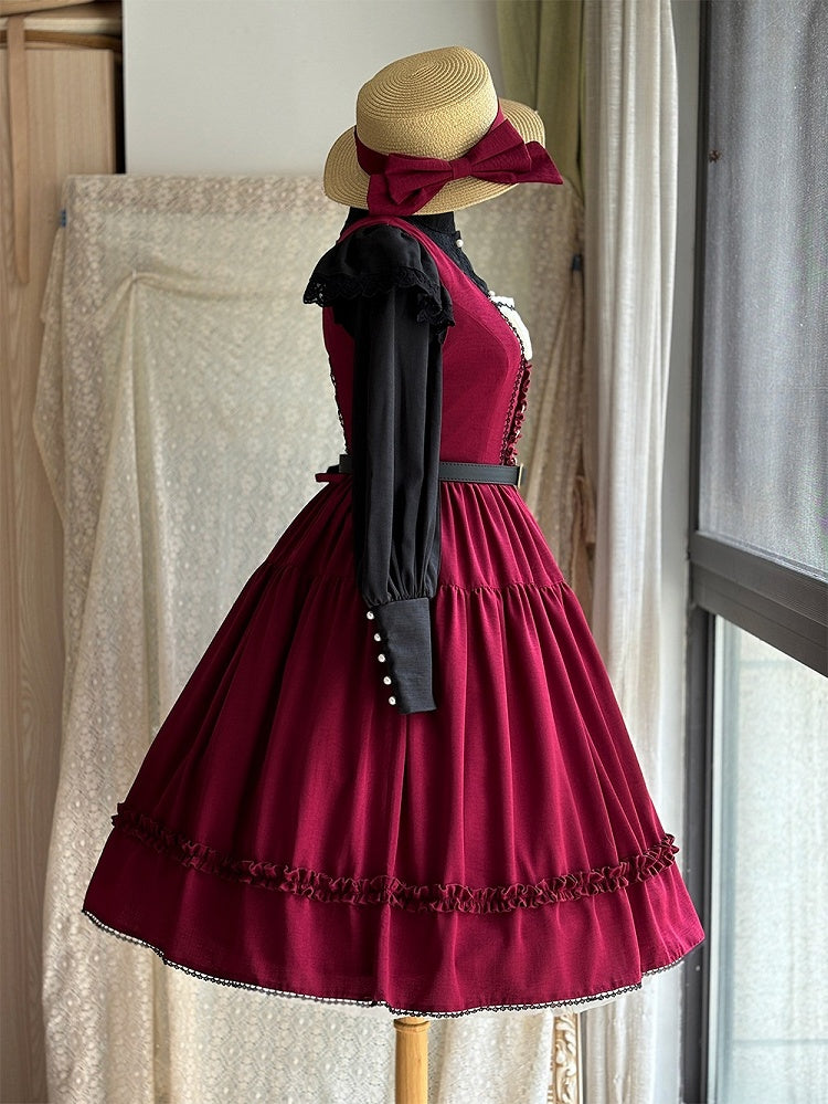 Red Elegant Classic Lolita JSK Dress with Ruffled Front Placket and Lace Trim