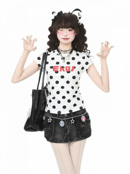 White & Black Polka Dot Pattern Short Sleeve Top - Languid Park