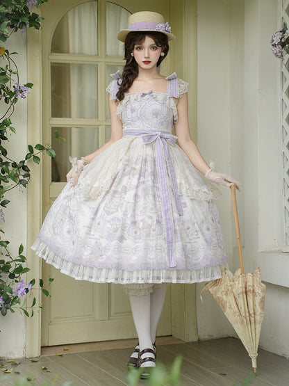 ロリータ フローラルバスケット クラシックジャンパープリントドレス 花とスカート パープル