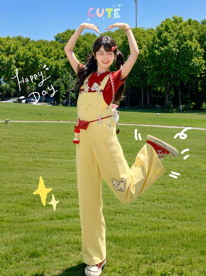 Cut Cartoon Puppy Embroidery Straight-leg Yellow Overall Pants