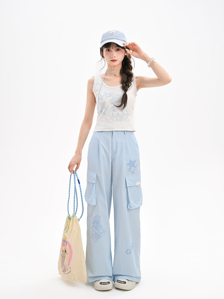 Lockere Hose mit geradem Bein und Taschen, blau, mit Anime-Print, Cargo