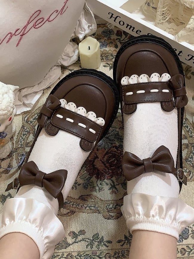 Delicate Flat and Bear Details Mary Bow Brown Sole Janes for Dark Ears 2.8cm with Lolita Fashion