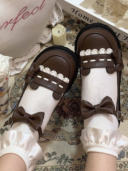 Delicate Flat and Bear Details Mary Bow Brown Sole Janes for Dark Ears 2.8cm with Lolita Fashion