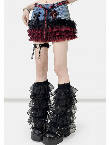 レーススカート ティアード Y2K パッチ コントラストブルー