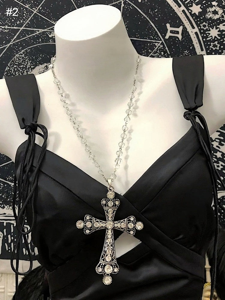 Gothic White Beaded Necklace with Cross - Boobi Shop