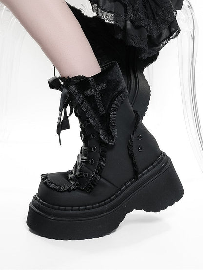 Ruffle Chunky Black Gothic Accents Dual Platform Closure Boots with