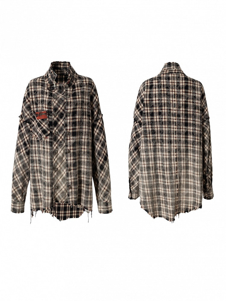 Faded Shirt Frayed Rock White Distressed Punk Edgy with Black Multi-Button Placket Hem Plaid