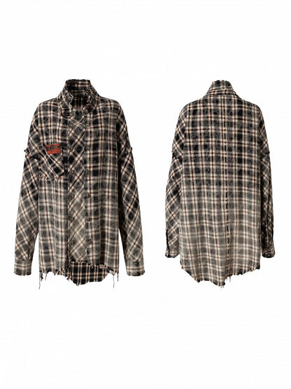 Faded Shirt Frayed Rock White Distressed Punk Edgy with Black Multi-Button Placket Hem Plaid