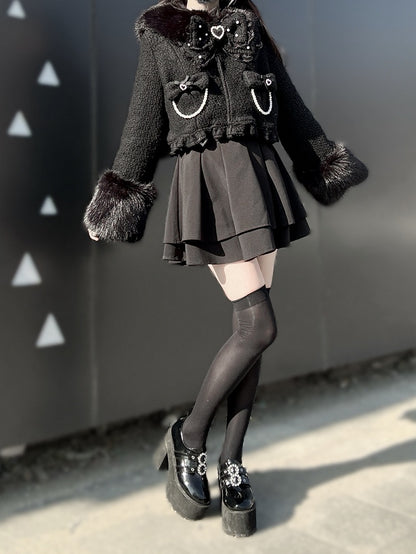 Bow Decor Black Jirai Beaded with Short Fuzzy Kei Chain Coat