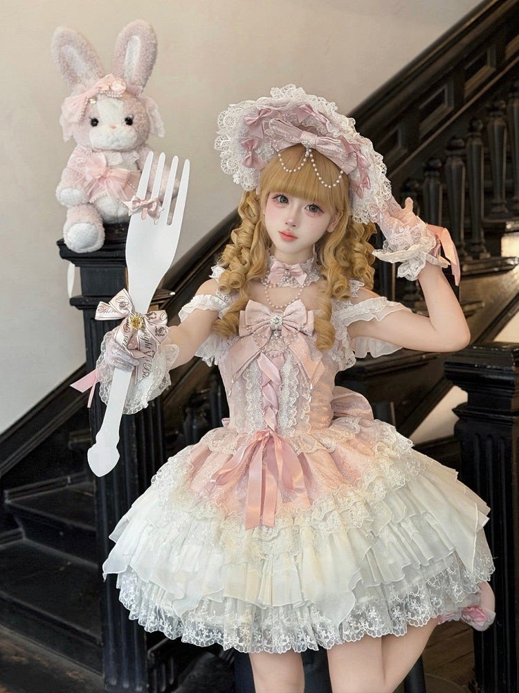 Pink Ballet Style Lace Ruffle Lolita JSK Dress with Bead Chain Bow and Back Bow Set - White Sugar Girl