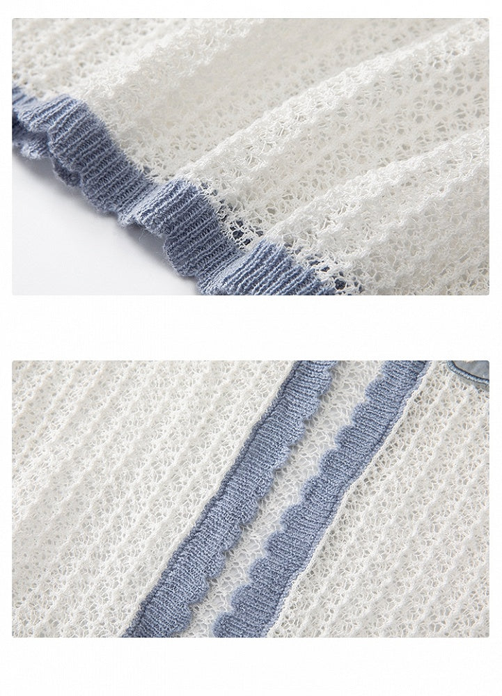 Blue Bowknot Applique Neckline Short Sleeves Top