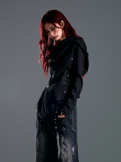 Zip Accents with Grommet Jacket Wasteland Two-Way Hoodie Stud Placket Punk Black Asymmetrical